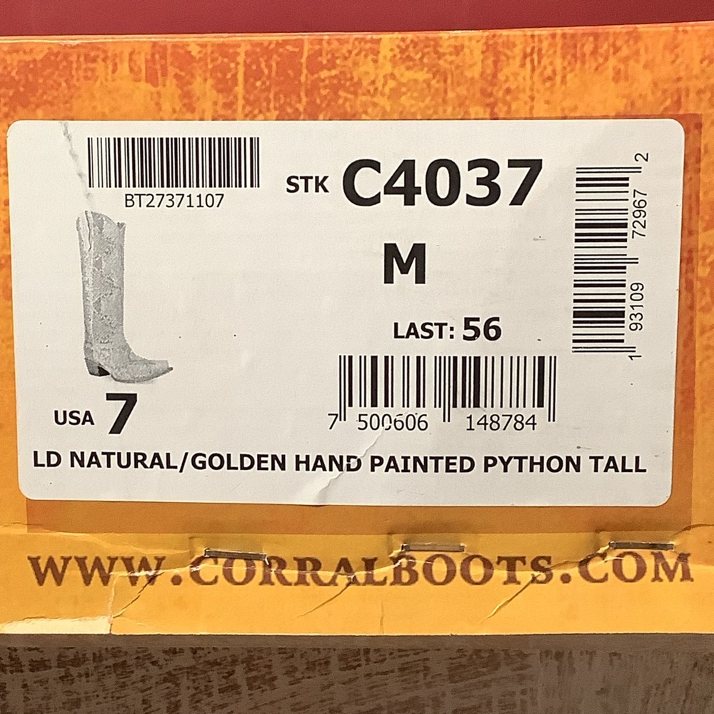 Corral Python Snake Skin Hand Painted Gold Accents Tall Top Western Boots 2”Heel - Picture 14 of 14